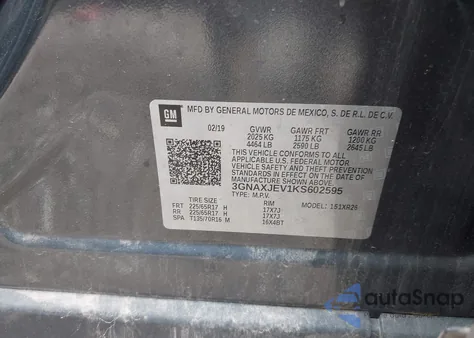 2019 Chevrolet Equinox Lt из США, поврежденный, VIN 3GNAXJEV1KS602595